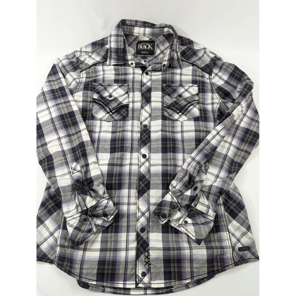 Buckle Plaid Button-Down Shirt in White and Purple